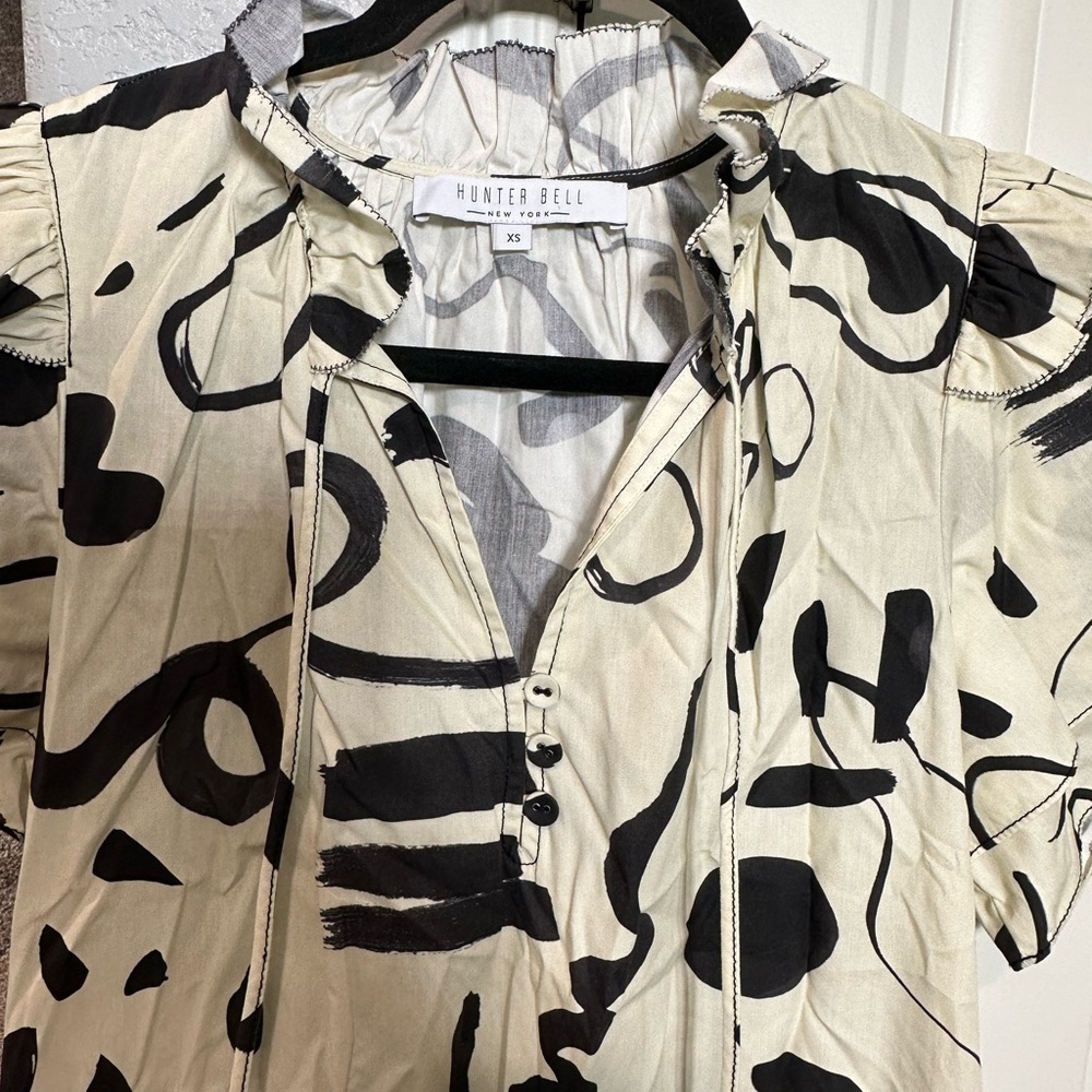 Hunter Bell Merritt Mini Dress Abstract Ink Line Cotton Ruffle - Picture 3 of 15